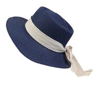 NiceYnn Women Wide Brim Sun Protection Beach Hat White Ribbon Bowknot Straw Cap Casual Ladies Flat Top Hat Boater Church Outdoor Cap E White Bow & Navyblue