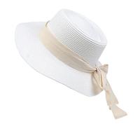 NiceYnn Women Wide Brim Sun Protection Beach Hat White Ribbon Bowknot Straw Cap Casual Ladies Flat Top Hat Boater Church Outdoor Cap E White Bow & White