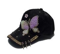 NiceYnn Womens Embrioderied Butterfly Bling Studded Rhinestone Baseball Hat, Girls Flower Peak Cap Sun Snapback Hat Adjustable Casual Pre-Curved Trucker Hip Top Hat