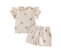 Niceyoeuk Baby Girl Cherry Print Summer 2 Piece Outfits Set Short Tops Elastic Shorts (Apricot, 18-24 Months)