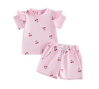 Niceyoeuk Baby Girl Cherry Print Summer 2 Piece Outfits Set Short Tops Elastic Shorts (Pink, 12-18 Months)