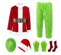 Niceyoeuk Christmas Green Monster Costume How The Green Monster Stole Christmas 7PCS Costume Set - Including Mask Halloween Xmas Funny Cosplay Costume Props (Green, XXL)