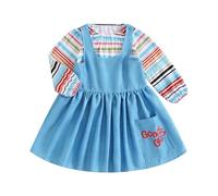 Niceyoeuk Halloween Cosplay Costume for Kids Girls Creepy Doll Striped Long Sleeve Tops and Dress for Toddler Cosplay Party Holiday Outfit (Blue, 12-18 Months)