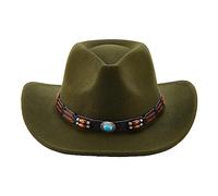 Niceyoeuk Western Cowboy Hat for Women Men Bohemian Cowgirl Hat with Beads Trim Outdoor Sun Hat Fancy Dress (Army Green, One Size)