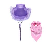 Niceyoeuk Women Cowboy Hats Cowgirl Hat with Scarf Adjustable Chin Strap for Halloween Cowboy Costume Theme Party (Purple raw edge, One Size)