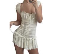 Niceyoeuk Women Off Shoulder Mesh Short Dress Irregular Ruffle Dress Lace Up Long Puff Sleeve Swing Dress Without Bustier (D-White, S)