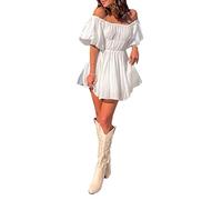 Niceyoeuk Women Off Shoulder Mesh Short Dress Irregular Ruffle Dress Lace Up Long Puff Sleeve Swing Dress Without Bustier (A-White, M)