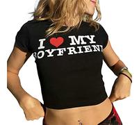 Niceyoeuk Women Short Sleeve Mini Crop Tops I Love My Boyfriend Print Skinny T-Shirt Valentine's Day Top (Black, S)