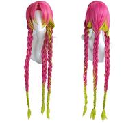 NICHANGHUA 120cm/47Inch Long Rose Red Gradient Grass Green+Long Twist Braid Kanroji Mitsuri Cosplay wig for -Kimetsu no Yaiba Girls Women Wigs with free Cap(1418#)