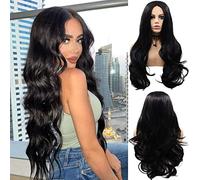 NICHANGHUA 1B Black Lace Front Wigs for Women Long Curly Realistic Looking Side Part Synthetic Wig Heat Fiber Pure Black Lace Wig 150 Density Cosplay Amine Daily Use 24 Inches (Color : 1B Black)