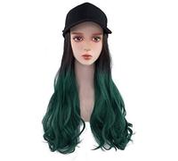 NICHANGHUA Baseball Cap With Synthetic Hair 2 en 1 Long Wave Wig with Baseball Cap Easy to Wear Synthetic Hairpiece Daily Use (Color : Black mixed Green)