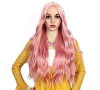 NICHANGHUA HAIR 24inch Long Wave Curly Synthetic Wigs for Africa Women Glueless Rose Gold High Temperature Fiber Wig with Middle Part Pink Wavy Hair Full Machine Lovely Pink