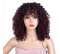 NICHANGHUA HAIR Short Kinky Curly Synthetic Hair Black Ombre Wine Red Color Heat Resistance Fiber Wig with Bangs Daily Wigs for Black Woman Dark Roots