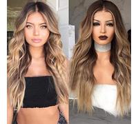 NICHANGHUA Women's Long Curly Blonde Wig Two Tones Dark Brown Rooted with Synthetic Heat Resistant Natural Looking Middle Part Wigs for Women Cosplay Party Daily Wear 26" / A (Color : A)