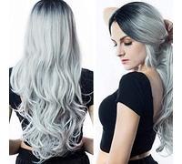 NICHANGHUA Women's Long Curly Gray Wig Two Tones Dark Brown Rooted with Synthetic Heat Resistant Natural Looking Middle Part Wigs for Women Cosplay Party Daily Wear 26" / A (Color : A)