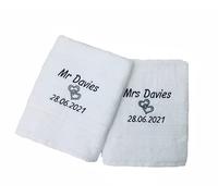 Niche Embroidery Personalised Embroidered Mr and Mrs Bath Towel Wedding Gift Set - Hearts Motif (White, Bath sheet 150x90)