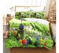 NICHIYOBI Pikmin Duvet Cover Bedding Set - Duvet Cover and Pillowcase, Microfibre, 3D Digital Print, Three-Piece Bed Linen (4, Single 135 x 200 cm + 80 x 80 cm)