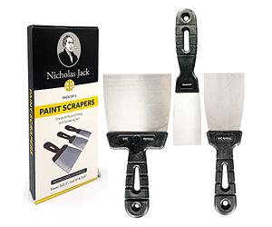 Nicholas Jack Paint Scraper Tool Set - Pack of 3 Wallpaper Scraper and Putty Knife Set, Flexible and Stainless-Steel Metal Scraper for Walls