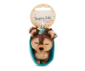 NICI Sleeping Pets Keyring, Yorkshire Terrier Dog in Basket Keyring, 8 cm, Brown, Loyal Companion for Backpack or Bag, Key Holder for Kids and Adults, 61605
