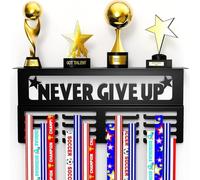Niciksty Wall Mount Medal Hanger, Never Give Up Medal Holder Football Medals Display Frame with Shelf Stand, Race Bib Holder Rack Metal Award Hanger for Running, Marathon, Cycling, Swimming