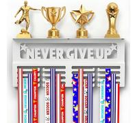 Niciksty Wall Mount Medal Hanger, Never Give Up Medal Holder Football Medals Display Frame with Shelf Stand, Race Bib Holder Rack Metal Award Hanger for Running, Marathon, Cycling, Swimming, White