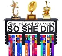 Niciksty Wall Mount Medals Display Frame She Believed She Could So She Did Medal Holder with Shelf Stand, Race Bib Holder Display Metal Award Hanger Rack for Athletes Medalists
