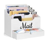 Niciksty Wood Desktop Mail Organizer, Mail Organizer Countertop with 4 Compartments and Drawer, Wood Mail Holder Sorter Holder for File Letter Paper Folder, White