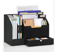 Niciksty Wooden Desktop Organizer Mail Sorter Organiser with Drawer, Countertop Mail Organizer Sorter Holder Home Office Desk Tidy Storage Holder for Magazine Paper Document Storage, Black