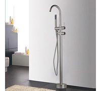Nickel Brushed Bathroom Solid Brass Floor Standing Tub Shower Faucet Set with Hand Shower Dual Handles Bathtub Filler,