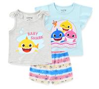 Nickelodeon Baby Shark Girl's 3 Pack Short Sleeves Tee, Sleeveless Shirt and Shorts Set for Kids, 4T Light Blue