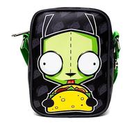 Nickelodeon Bag, Cross Body, Invader Zim GIR Taco Pose With Taco Print Black Gray, Vegan Leather, Black, 8.25" x 6.5"