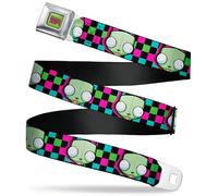 Nickelodeon Belt, Seatbelt Buckle Belt, Invader Zim GIR Face Checker Black Multi Neon, Adjustable, Multicolor, 1.5" Wide - Fits Pant Size 32-52