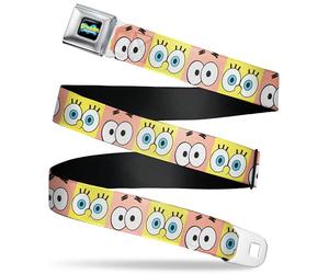Nickelodeon Belt, Seatbelt Buckle Belt, SpongeBob Squarepants and Patrick Star Eye Blocks Yellow Pink, Adjustable, Multi-color, 1.5" Wide - Fits Pant Size 32-52