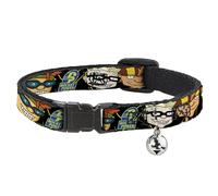 Nickelodeon Cat Collar, Breakaway Collar with Bell, Rocket Power Logo Character Faces Close Up Black Green Blue, 8.5 to 12 Inches 0.5 Inch Wide