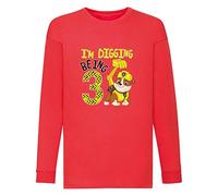 Nickelodeon Paw Patrol Rubble 'I'm Digging Being 3' Birthday Age Childrens Long Sleeve Printed T Shirt (Red)
