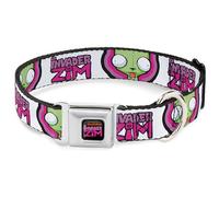 Nickelodeon Pet Collar, Dog Collar Metal Seatbelt Buckle, Invader Zim Title Logo and Gir Pose Close Up White Pinks, 16 to 23 Inches 1.5 Inch Wide