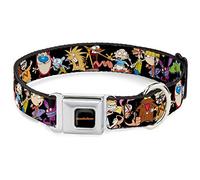 Nickelodeon Pet Collar, Dog Collar Metal Seatbelt Buckle, Nick 90s Character Poses Black, 16 to 23 Inches 1.5 Inch Wide