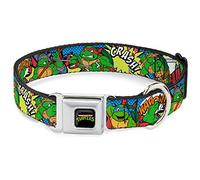 Nickelodeon Pet Collar, Dog Collar Metal Seatbelt Buckle, Ninja Turtles Action Poses Action Bubbles Dots Blues, 15 to 24 Inches 1.0 Inch Wide