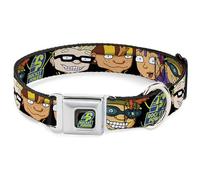 Nickelodeon Pet Collar, Dog Collar Metal Seatbelt Buckle, Rocket Power Logo Character Faces Close Up Black Green Blue, 11 to 16.5 Inches 1.0 Inch Wide