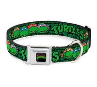 Nickelodeon Pet Collar, Dog Collar Metal Seatbelt Buckle, TMNT Ninja Turtles Group Faces Turtle Shell Black Green, 16 to 23 Inches 1.5 Inch Wide