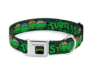Nickelodeon Pet Collar, Dog Collar Metal Seatbelt Buckle, TMNT Ninja Turtles Group Faces Turtle Shell Black Green, 16 to 23 Inches 1.5 Inch Wide