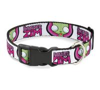 Nickelodeon Pet Collar, Dog Collar Plastic Buckle, Invader Zim Title Logo and Gir Pose Close Up White Pinks, 13 to 17 Inches 1.5 Inch Wide