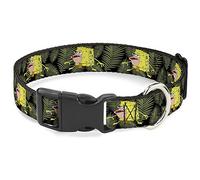 Nickelodeon Pet Collar, Dog Collar Plastic Buckle, Primitive Sponge Pose Leaves Black Green, 8.5 to 12 Inches 0.5 Inch Wide