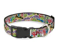 Nickelodeon Pet Collar, Dog Collar Plastic Buckle, Teenage Mutant Ninja Turtles Sticker Slaps White Multi Color, 13 to 17 Inches 1.5 Inch Wide