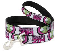 Nickelodeon Pet Leash, Dog Leash, Invader Zim Title Logo and Gir Pose Close Up White Pinks, 6 Feet Long 0.5 Inch Wide
