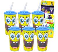 Nickelodeon Spongebob Squarepants Kids 16 Oz Reusable Cups - Spongebob Party Favor 6 Piece Bundle with 16 Oz Cup with Lid and Straw Plus Stickers for Boys, Girls | Spongebob Tumbler with Straw
