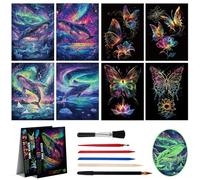 NICKLIN 8Pcs A4 Scratch Art Paper for Kids Adults,Glow in The Dark Scratch Art Rainbow Painting Paper for Kids Magic Rainbow Cards Boards Christmas Birthday Present Creative Crafts Set with 5 Tools