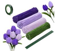 NICKLIN Purple Pipe Cleaners Craft,Chenille Pipe Cleaners Craft Tulip Set DIY Pipe Cleaner Flowers Kit with 240 Pcs Colourful in 4 Colours 15 Florist Wire,1 Florist Tape for Decoration