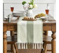 NICKLIN Table Runner with Handmade Tassels,33x183cm Table Runners for Dining Table,Boho Style Sage Green Weave Stripes Polyester Fabric Rustic Cotton Linen Table Runner for Weddings,Hotels Decoration