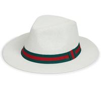 Nicky Adams Countrywear Panama Straw Sun Hat Fedora Style - Lightweight Unisex Beach Hat with UV Protection (Cream with Green & Red Band 57)